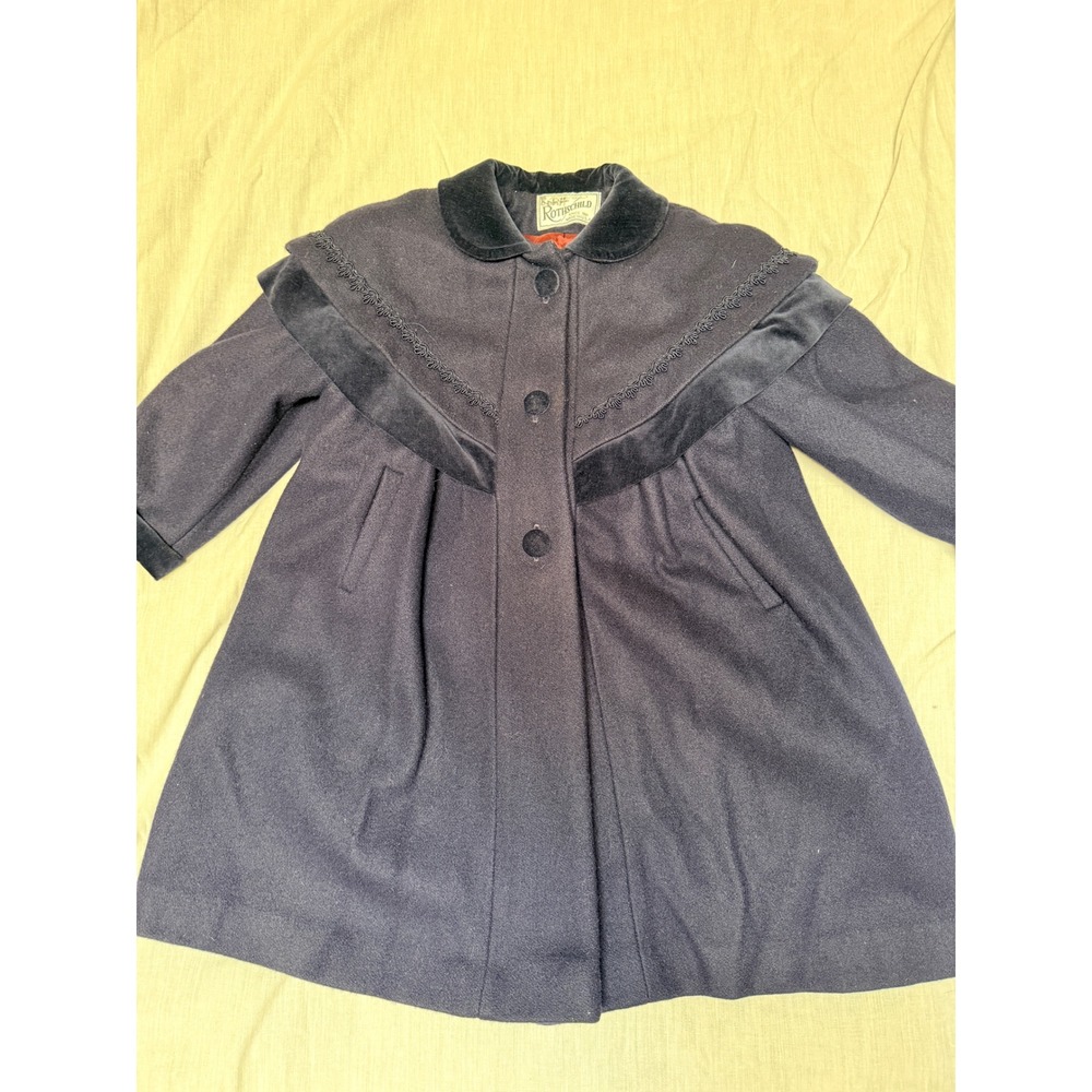 Vintage Rothschild Girls Navy Wool Dress Coat Velvet Trim Size 5 Made in USA